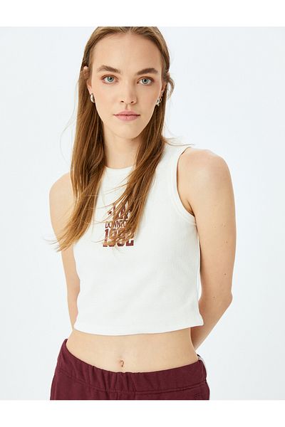 Koton Crew Neck Sleeveless Slogan Printed Crop Ribbed Tank Top
