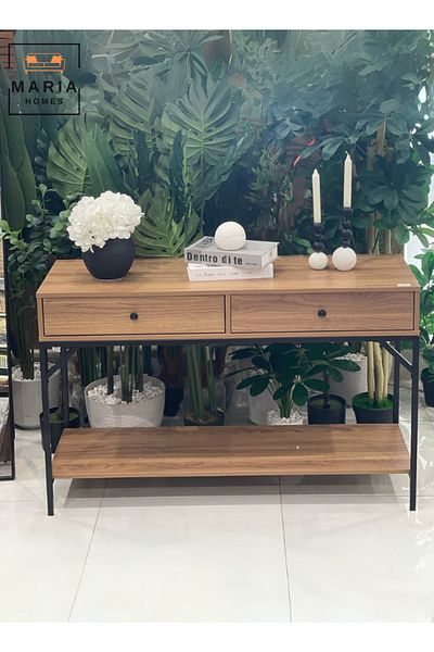 MARIA HOMES Modern Console Table with Wooden Finish and Black Metal Frame - 120x40x80 cm,