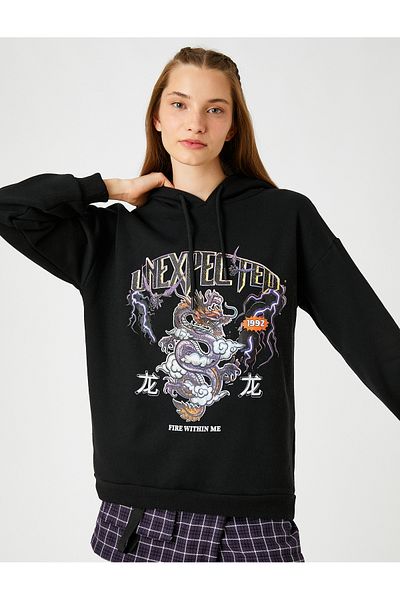 Koton Printed Hooded Sweatshirt with Fleece Inside