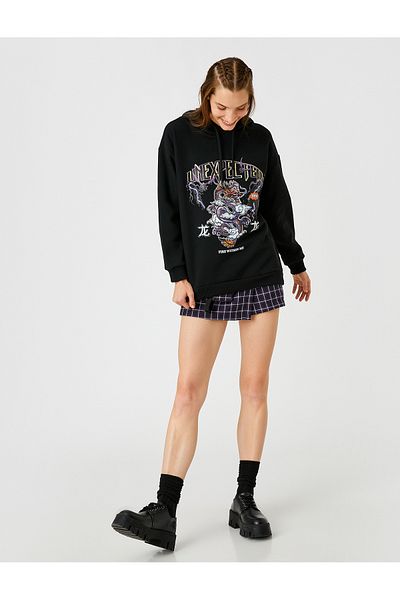 Koton Printed Hooded Sweatshirt with Fleece Inside