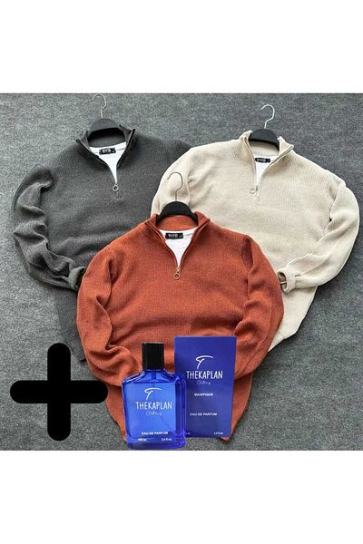 Gameyal 3-Piece Half Zipper Collar Knitwear Sweater with Perfume Gift