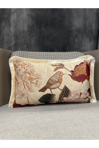 Fabricland Κρεμ Χρώμα Εισαγόμενο Μεταξωτό Βελούδο - Ορθογώνιο Κάλυμμα με Πουλί και Φούντες (Διπλό Μοτίβο)
