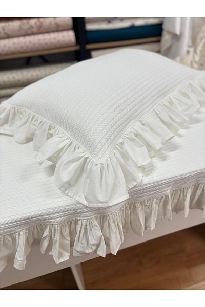 GAYE EV TEKSTİLİ Single - 100% Cotton Oeko-Tex Certified Pillow Cover with Pique and Ruffle Detail