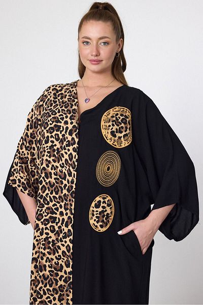 AGORATEKSTİL Women's Viscose Fabric V Neck Leopard Print Embroidery Loose Dress