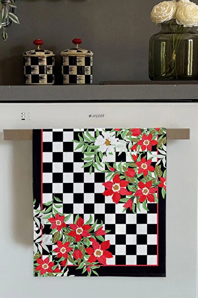 Viva Home Kırmızı Çiçek Desenli Fırın Mutfak Havlusu 30x50cm