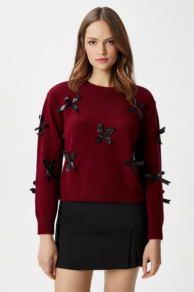 Ritnice Pulover de damă Valery cu textura moale, cu fundă, tricotaj bordeaux