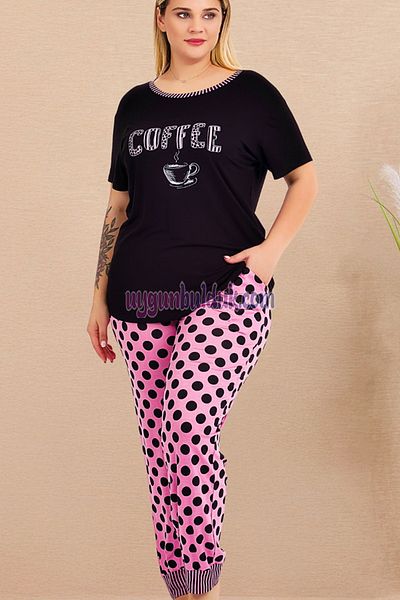 quilling Women's Cotton Large Size Materni Pajamas Set with Pink - Black Color and Polka Dot Pattern - 11004