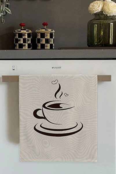 Viva Home Bej Fincan Desenli Fırın Mutfak Havlusu 30x50cm