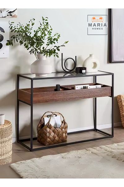 MARIA HOMES Modern Console Table with Metal Frame, Wooden Drawer, and Glass Top - Elegant Home Furniture