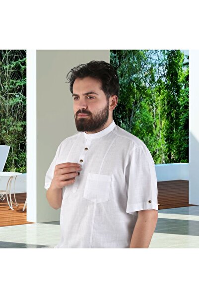 İkranur Καλοκαιρινό πουκάμισο με κοντό μανίκι από 100% βαμβάκι, αντι-ιδρωτικό, με λινό εμφάνιση-Λευκό