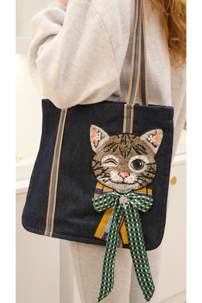 Jerie Jean Kanvas Kumaş Taşlı Kedi Nakışlı Omuz Çantası