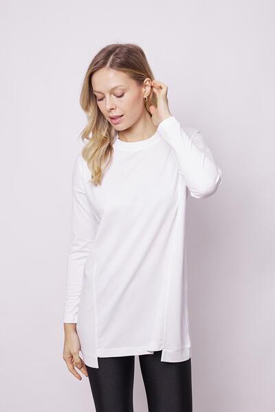 Jument White Tunic Blouse - Crew Neck, Long Sleeve, Lightweight Lycra, Relaxed Fit (Hide the Belly)