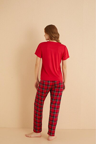 Elit Women's Milan Soft Textured Short Sleeve Red Bottom Plaid Combed Cotton Pajamas Set
