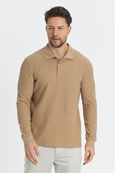 Frappoli Blum Ανδρικό μπεζ Slim Fit - 100% βαμβακερό Lycra μακρυμάνικο πόλο φούτερ με γιακά