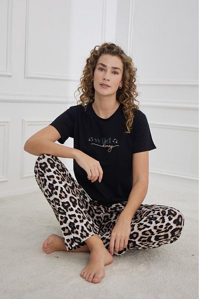 Elit Set de pijamale din bumbac pieptănat, compact, cu mânecă scurtă, cu textura moale, negru-leopard