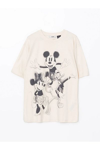 LC Waikiki Γυναικείο μπλουζάκι με στάμπα Mickey and Friends σε μπεζ λαιμόκοψη
