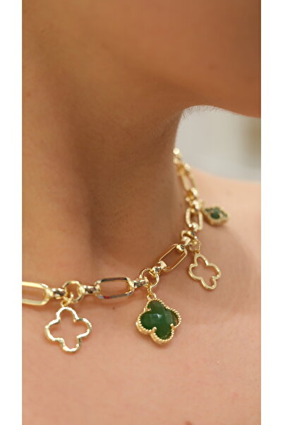 Jerie Gold Yeşil Taşlı Yonca Charm Özel Seri 14k Kolye