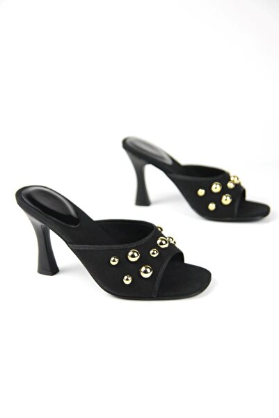 Gökhan Talay Γυναικείες παντόφλες με τακούνι Havanna, με χρυσή πέτρα, μαύρο σ...