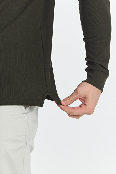 Frappoli Blum Ανδρικό - Χακί SlimFit Μοτίβο βάφλας, 100% βαμβάκι, λύκρα, γιακάς χωρίς μπούκλες, μακρύ μανίκι, φούτερ με γιακά πόλο