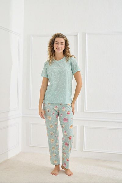 Elit Set de pijamale din lycra pentru femei, cu mânecă scurtă, cu textura moale, din jerseu simplu, turcoaz