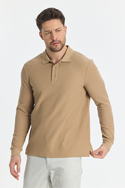 Frappoli Blum Ανδρικό μπεζ Slim Fit - 100% βαμβακερό Lycra μακρυμάνικο πόλο φούτερ με γιακά