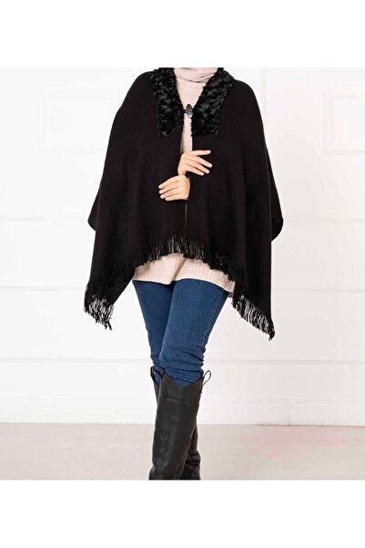 hilalay SİYAH TRİKO YAKASI KÜRKLÜ OMUZ ŞALI