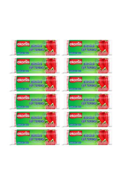 Ekomis Çilek Kokulu Büzgülü Çöp Torbası Orta Boy 10 lu (12 Paket)