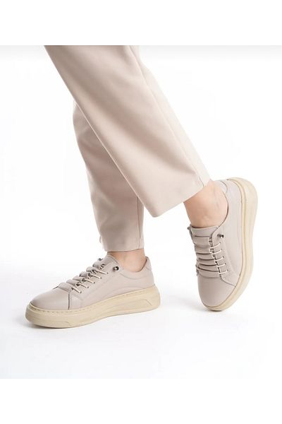 erenimstore Genuine Leather Dark Beige Full Orthopedic Elastic Casual Women's Shoes