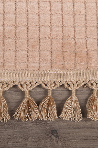 Teksev Square Plus Mink Color Pompom Fringed Cutting Runner Stain Resistant Non Slip Base Machine Washable Carpet