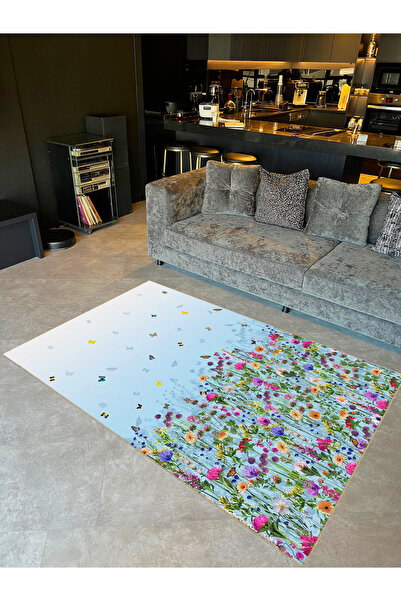 Rugs Modern Halı Seda Koleksiyonu Çok Renkli Çiçekler ve Kelebekler Desenli D...
