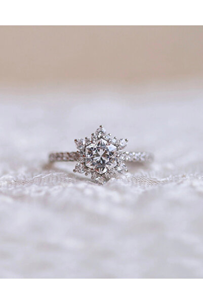 artiesuart 925 Ayar Gümüş Beyaz Kristal Taşlı Rodyum Kaplamalı Buz Çiçeği Yüzük