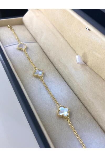 vogutima Kadın Erkek Gümüş Bileklik -4 Yapraklı Yonca 3'lü Sedef Taşlı Altın ...