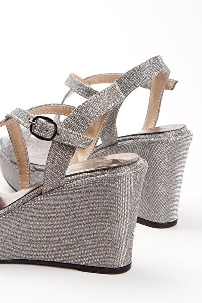 Miss Mitto Platinum Glitter Women's Summer Shoes - Back Open and Cross Banded Wedge Sole