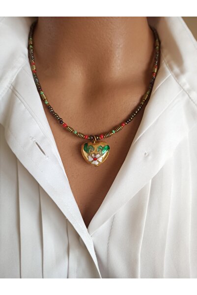 sondonfashion El Yapımı Çiçek Desenli Kalpli Hint Mineli Kolye T-k-225