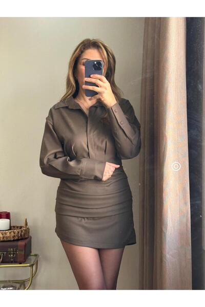 Butik KAHVERENGİ  DRAPELİ MİNİ  ELBİSE