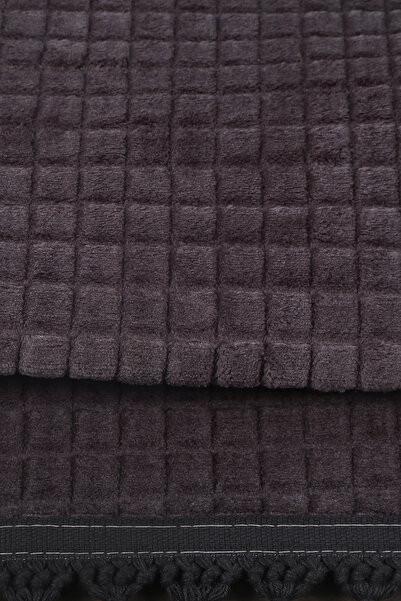 Teksev Square Plus Anthracite Color Pompom Fringed Cutting Runner Non-Slip Base Machine Washable Soft Carpet