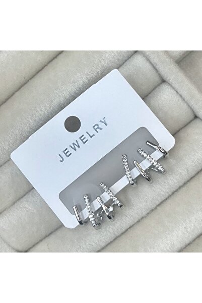 byF Çoklu Görünümlü Taş Detaylı Küpe Gümüş Renk