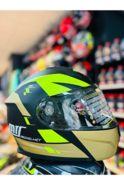 MTS 966 MATT BLACK WX92 ÇENE AÇILIR GÜNEŞ VİZÖRLÜ MOTOSİKLET KASKI (SİYAH- NEON-GOLD)