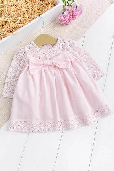 Babymod Baby Girl Dress with Bow Lace Pink Stylish Birthday Special Day Baby Dress