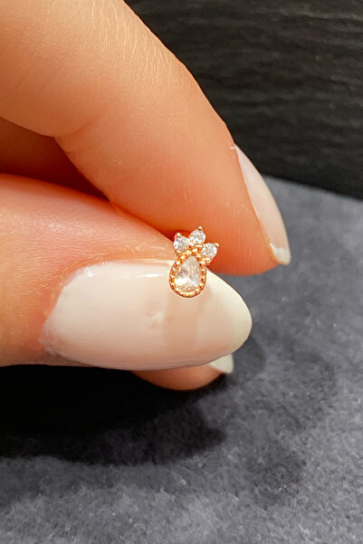 Çerçeveli Damla Ve Mini Üç Tektaş Arka Top Döndürmeli Rose Gümüş Piercing,helix,flat,tragus,conch