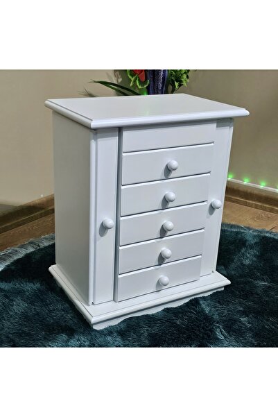 Tekir Store evinizi güzelleştirin Ahşap Aynalı Beyaz Takı Aksesuar Dolabı Büyük Dekoratif Düzenleyici 5 Çekmeceli 9 Bölmeli Organizer