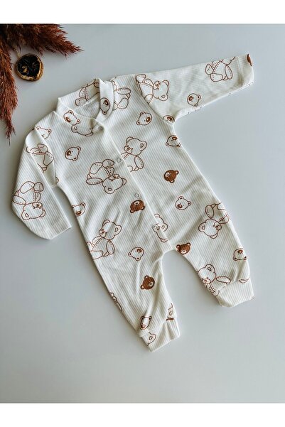 minço bebe Kız Erkek Bebek Tulum %100 Pamuk Ayı Baskılı Çıtçıtlı Patiksiz Esn...