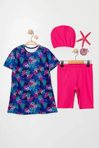 Beniizle Leaf Patterned Boned Girls' Triple Swimsuit Set