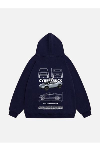 Mad&Calf Унисекс суитшърт от полар с качулка и щампа Tesla Cybertruck