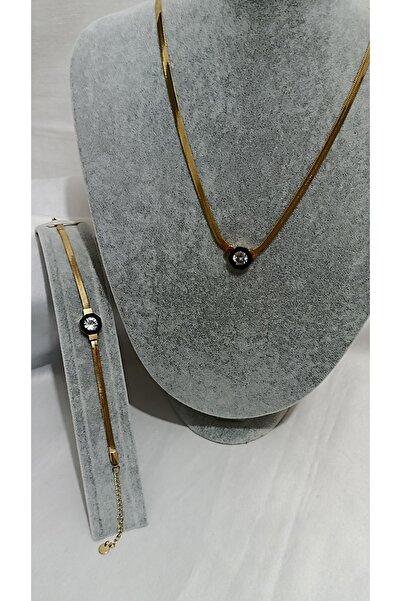 NETİCE ÖYLEK Çelik Siyah Çerçeveli Zirkon Taşlı Kolye-Bileklik Seti