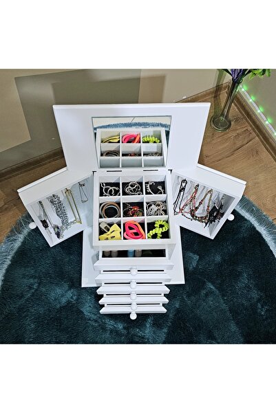 Tekir Store evinizi güzelleştirin Ahşap Aynalı Beyaz Takı Aksesuar Dolabı Büyük Dekoratif Düzenleyici 5 Çekmeceli 9 Bölmeli Organizer