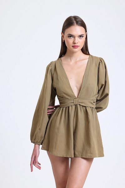 FASHION COCKTAIL Linen Natural Fabric - Deep V-Neck Mini Holiday Jumpsuit with Backless and Waist Seat