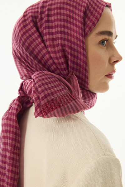 FENZA SCARF %40 İpek &60 Yün Ekose Desenli Şal - Gül Kurusu