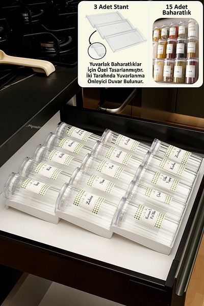 color house 15 Pieces 280 ml Clear Jar - Glass Spice Rack Organizer Stand with Stop Z310 (White)
