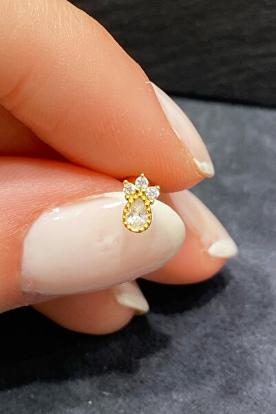 Çerçeveli Damla Ve Mini Üç Tektaş Arka Top Döndürmeli Sarı Gümüş Piercing,helix,flat,tragus,conch